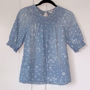 Sonoma blouse 100% cotton denim blue with white design M ruffled sleeves
